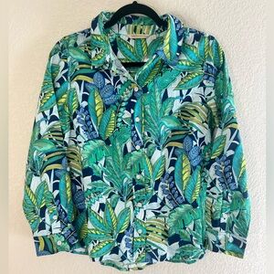 Soft Surroundings Green Tropical-Print Jungle Leaf Linen Blend Button-Down Shirt